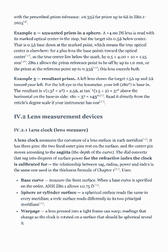 Page 99 of the ABO Study Guide — 2026 Edition PDF — Chapter 5 — Instrumentation and Lens Verification (Domain IV): with the prescribed-prism tolerance: ±0.33Δ for prism up to 6Δ in Z80.1- 2025[4]. Example 2 — unwanted prism in a sphere. A +4.00 DS lens is read with its…