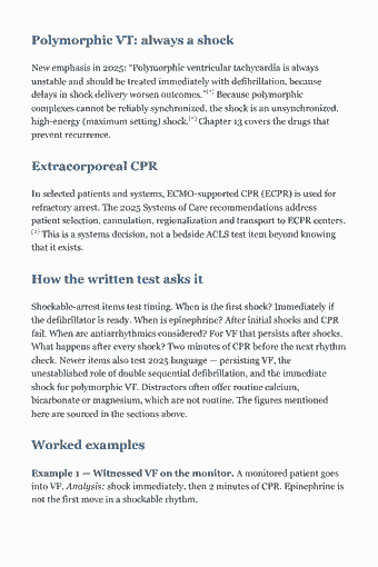 Page 112 of the ACLS & BLS Study Guide — 2026 Edition PDF — Chapter 10 — Cardiac Arrest With a Shockable Rhythm: VF and Pulseless VT: Polymorphic VT: always a shock New emphasis in 2025: “Polymorphic ventricular tachycardia is always unstable and should be treated immediately with…