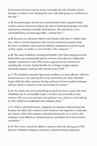 Page 55 of the ACLS & BLS Study Guide — 2026 Edition PDF — Chapter 4 — Airway, Breaths and Ventilation: be necessary because a patent airway outweighs the risk of further spinal damage in cardiac arrest. Keeping the neck still while giving no ventilation is the…