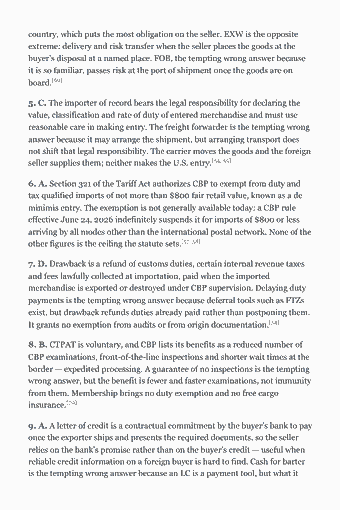 Page 73 of the CLTD Study Guide — 2026 Edition PDF — Chapter 7 — Global Logistics: country, which puts the most obligation on the seller. EXW is the opposite extreme: delivery and risk transfer when the seller places the goods at the buyer’s…