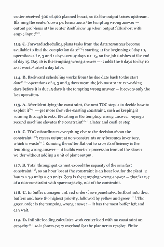 Page 175 of the CPIM Study Guide — 2026 Edition PDF — Answer key & explanations: center received 300 of 400 planned hours, so its low output traces upstream. Blaming the center’s own performance is the tempting wrong answer — output…