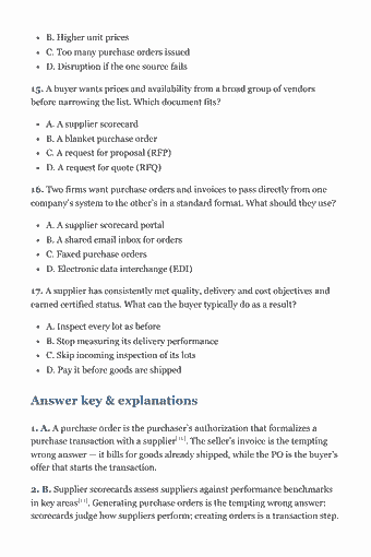 Page 73 of the CPIM Study Guide — 2026 Edition PDF — Chapter 5 — Plan and Manage External Supply Sources: B. Higher unit prices C. Too many purchase orders issued D. Disruption if the one source fails 15. A buyer wants prices and availability from a broad group of…