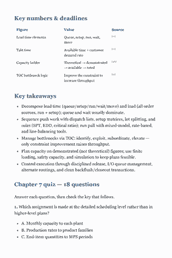 Page 99 of the CPIM Study Guide — 2026 Edition PDF — Chapter 7 — Plan, Manage, and Execute Detailed Schedules: Key numbers & deadlines Figure Value Source [11] Lead time elements Queue, setup, run, wait, move [11] Takt time Available time ÷ customer demand rate [48]…