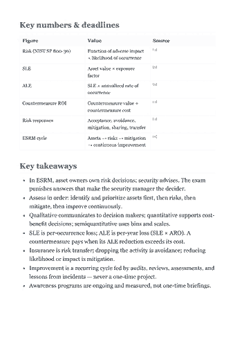 Page 11 of the CPP Study Guide — 2026 Edition PDF — Chapter 1 — Security Principles and Practices: Key numbers & deadlines Figure Value Source [4] Risk (NIST SP 800-30) Function of adverse impact × likelihood of occurrence [5] SLE Asset value × exposure…