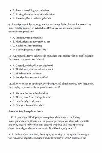 Page 43 of the CPP Study Guide — 2026 Edition PDF — Chapter 4 — Personnel Security: B. Secure shredding and deletion C. Storing them in an unlocked cabinet D. Emailing them to the applicants 9. A workplace-violence program has written…