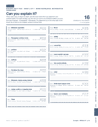 Page 18 of the ASVAB — Cram Sheet (2026) PDF: RECALL NUMBERS C O N C E P T S E L F - T E S T · S H E E T 2 O F 7 · W O R D K N O W L E D G E , M AT H E M AT I C S KNOWLEDGE Can you explain it? ARITHMETIC…