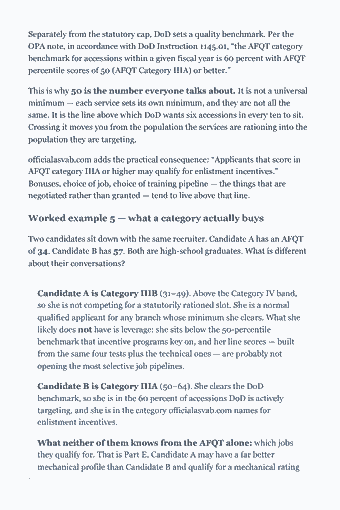 Page 21 of the ASVAB — Complete Study Guide (2026) PDF — Chapter 1 — Scores, Line Scores, and the Job You Actually Want: Separately from the statutory cap, DoD sets a quality benchmark. Per the OPA note, in accordance with DoD Instruction 1145.01, “the AFQT category benchmark for…