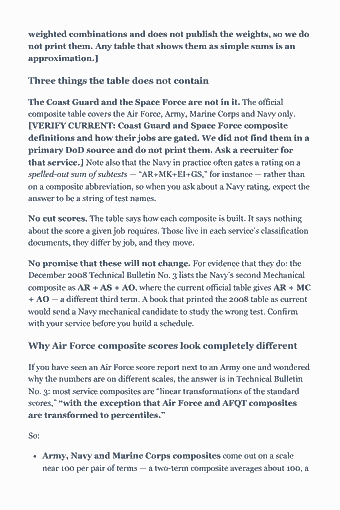 Page 26 of the ASVAB — Complete Study Guide (2026) PDF — Chapter 1 — Scores, Line Scores, and the Job You Actually Want: weighted combinations and does not publish the weights, so we do not print them. Any table that shows them as simple sums is an approximation.] Three things…