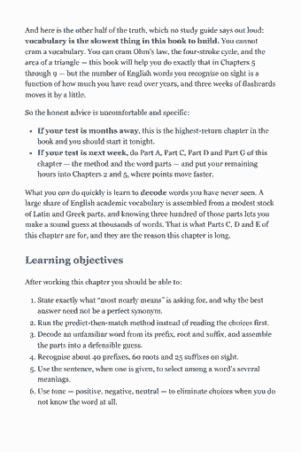 Page 71 of the ASVAB — Complete Study Guide (2026) PDF — Chapter 3 — Word Knowledge (WK): And here is the other half of the truth, which no study guide says out loud: vocabulary is the slowest thing in this book to build. You cannot cram a…