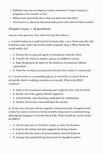Page 40 of the ASWB Masters Study Guide — 2026 Edition PDF — Chapter 2 — Ethical Service Delivery (Competency IB): Palliative care can accompany curative treatment; hospice requires a prognosis of six months or less. Billing must accurately show what was done and who did…