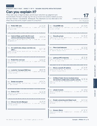 Page 10 of the AWS Solutions Architect Associate — Cram Sheet (2026) PDF: RECALL NUMBERS CONCEPT SELF-TEST · SHEET 1 OF 5 · DESIGN SECURE ARCHITECTURES Can you explain it? These rules carry no figure to blank, and the exam tests them…