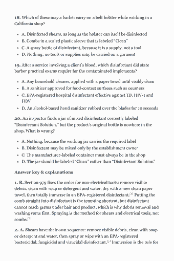 Page 28 of the California Barber Study Guide — 2026 Edition PDF — Chapter 1 — Infection Control: Germs, Disinfection and California’s Tool Rules: 18. Which of these may a barber carry on a belt holster while working in a California shop? A. Disinfected shears, as long as the holster can itself be…