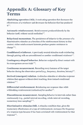 Page 242 of the BCBA Study Guide — 2026 Edition PDF — Appendix A: Glossary of Key Terms: Appendix A: Glossary of Key Terms Abolishing operation (AO). A motivating operation that decreases the effectiveness of a reinforcer and decreases the behavior…