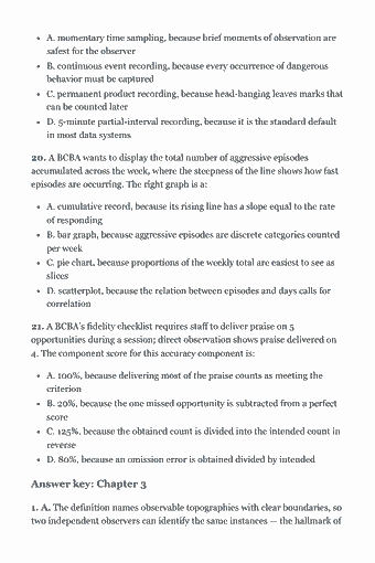 Page 55 of the BCBA Study Guide — 2026 Edition PDF — Chapter 3: Measurement, Data Display, and Interpretation: A. momentary time sampling, because brief moments of observation are safest for the observer B. continuous event recording, because every occurrence of…
