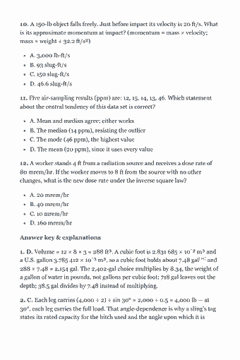 Page 17 of the ASP Study Guide — 2026 Edition PDF — Chapter 1. Mathematical Calculations (10%): 10. A 150-lb object falls freely. Just before impact its velocity is 20 ft/s. What is its approximate momentum at impact? (momentum = mass × velocity; mass =…