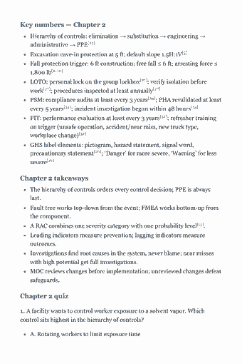 Page 29 of the ASP Study Guide — 2026 Edition PDF — Chapter 2. Safety Programs and Concepts (25%): Key numbers — Chapter 2 Hierarchy of controls: elimination → substitution → engineering → administrative → PPE[25] Excavation cave-in protection at 5 ft;…
