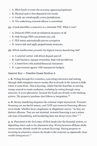 Page 59 of the CAMS Study Guide — 2026 Edition PDF — Practice Exam: A. Illicit funds re-enter the economy appearing legitimate B. Physical cash is first deposited into banks C. Funds are wired rapidly across jurisdictions D.…