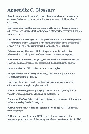 Page 98 of the CAMS Study Guide — 2026 Edition PDF — Appendix C. Glossary: Appendix C. Glossary Beneficial owner: the natural person who ultimately owns or controls a customer (25%+ ownership or significant control responsibility…