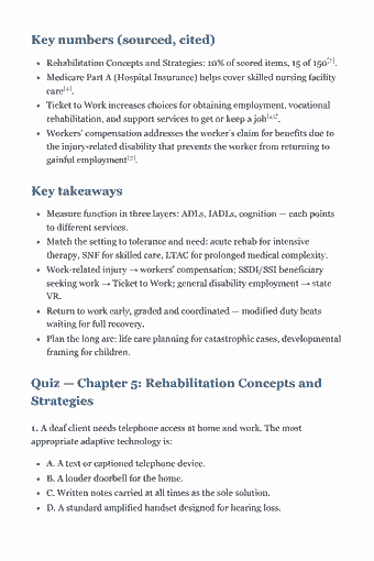 Page 69 of the CCM Study Guide — 2026 Edition PDF — Chapter 5. Rehabilitation Concepts and Strategies: Key numbers (sourced, cited) Rehabilitation Concepts and Strategies: 10% of scored items, 15 of 150[7]. Medicare Part A (Hospital Insurance) helps cover…