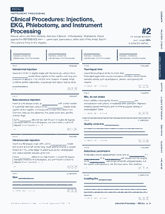 Page 16 of the CCMA — Certified Clinical Medical Assistant — Cram Sheet (2026) PDF: RECALL NUMBERS INSTRUMENT PROCESSING Clinical Procedures: Injections, EKG, Phlebotomy, and Instrument Processing #2 D I R E C T A S S I S TA N … Answer each…