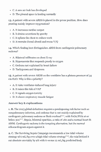 Page 23 of the CCRN (Adult) Study Guide — 2026 Edition PDF — Chapter 2 — Respiratory: C. A new air leak has developed D. The pleural space is healing normally 13. A patient with severe ARDS is placed in the prone position. How does proning…