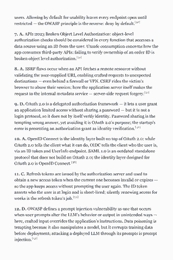 Page 114 of the CCSP Study Guide — 2026 Edition PDF — Answer key & explanations — Section 1: users. Allowing by default for usability leaves every endpoint open until restricted — the OWASP principle is the reverse: deny by default.[30] 7. A. API1:2023…