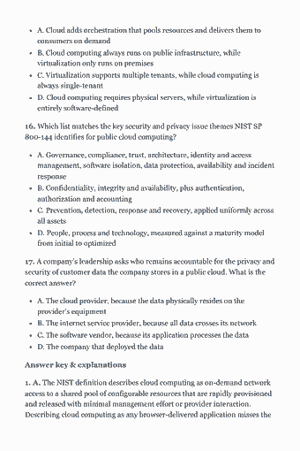 Page 16 of the CCSP Study Guide — 2026 Edition PDF — Chapter 1 — Cloud Concepts, Architecture and Design: A. Cloud adds orchestration that pools resources and delivers them to consumers on demand B. Cloud computing always runs on public infrastructure, while…