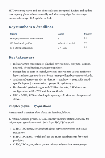Page 37 of the CCSP Study Guide — 2026 Edition PDF — Chapter 3 — Cloud Platform & Infrastructure Security: MTD systems; warm and hot sites trade cost for speed. Review and update contingency plans at least annually and after every significant change, personnel…