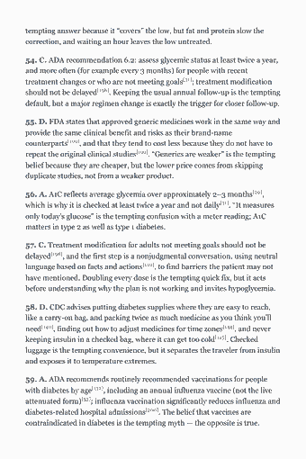 Page 138 of the CDCES Study Guide — 2026 Edition PDF — Answer Key with Explanations: tempting answer because it “covers” the low, but fat and protein slow the correction, and waiting an hour leaves the low untreated. 54. C. ADA recommendation…