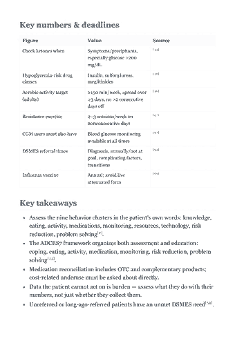 Page 20 of the CDCES Study Guide — 2026 Edition PDF — Chapter 2 — Assessment: Self- Management Behaviors and Knowledge: Key numbers & deadlines Figure Value Source [44] Check ketones when Symptoms/precipitants, especially glucose >200 mg/dL [48] Hypoglycemia-risk drug Insulin,…