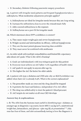 Page 41 of the CDCES Study Guide — 2026 Edition PDF — Chapter 4 — Disease Process and Approach to Treatment: D. Secondary diabetes following pancreatic surgery procedures 15. A patient with irregular meal patterns and frequent hypoglycemia takes a sulfonylurea. What…