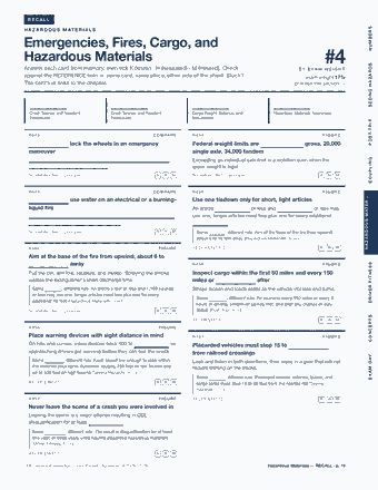 Page 18 of the CDL General Knowledge — Cram Sheet (2026) PDF: RECALL NUMBERS H A Z A R D O U S M AT E R I A L S Emergencies, Fires, Cargo, and Hazardous Materials #4 SEEING HAZARDS Answer each card from memory, then tick…