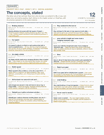 Page 23 of the CDL General Knowledge — Cram Sheet (2026) PDF: REFERENCE NUMBERS CONCEPT SELF-TEST · SHEET 1 OF 6 · SEEING HAZARDS The concepts, stated The other side of the self-test. Read here only the ones you ticked H…