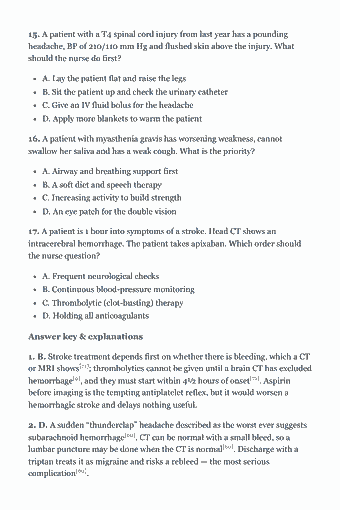 Page 44 of the CEN Study Guide — 2026 Edition PDF — Chapter 3 — Neurological Emergencies: 15. A patient with a T4 spinal cord injury from last year has a pounding headache, BP of 210/110 mm Hg and flushed skin above the injury. What should the nurse…
