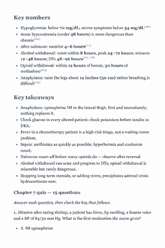 Page 85 of the CEN Study Guide — 2026 Edition PDF — Chapter 7 — Medical Emergencies: Key numbers Hypoglycemia: below 70 mg/dL; severe symptoms below 54 mg/dL[166] Acute hyponatremia (under 48 hours) is more dangerous than chronic[162] After…