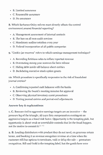 Page 18 of the CFE Study Guide — 2026 Edition PDF — Chapter 2 — Financial Statement Fraud: B. Limited assurance C. Reasonable assurance D. No assurance 8. Which Sarbanes-Oxley reform most directly affects the control environment around financial…