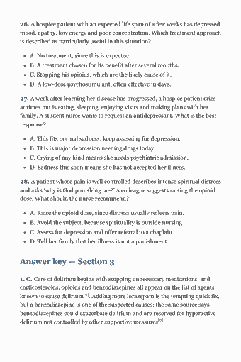 Page 103 of the CHPN Study Guide — 2026 Edition PDF — Section 3: Symptom Management (28 questions): 26. A hospice patient with an expected life span of a few weeks has depressed mood, apathy, low energy and poor concentration. Which treatment approach is…