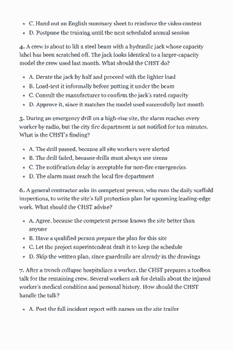 Page 100 of the CHST Study Guide — 2026 Edition PDF — Chapter 5 — Leadership, Communication, and Training: C. Hand out an English summary sheet to reinforce the video content D. Postpone the training until the next scheduled annual session 4. A crew is about to lift…