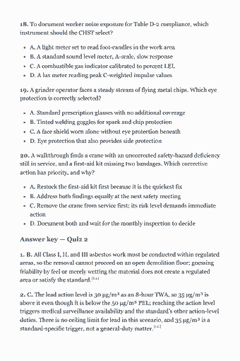 Page 52 of the CHST Study Guide — 2026 Edition PDF — Chapter 2 — Domain 1, Part B: Health Hazards, Industrial Hygiene, and Site Controls: 18. To document worker noise exposure for Table D-2 compliance, which instrument should the CHST select? A. A light meter set to read foot-candles in the work…