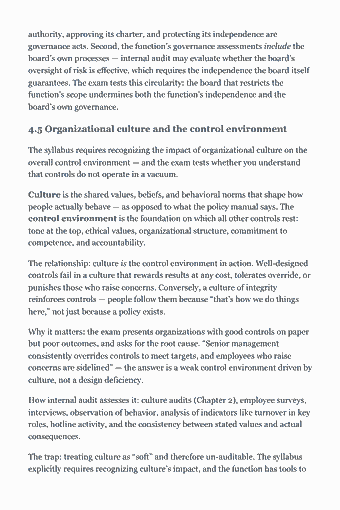 Page 43 of the CIA Part 1 Study Guide — 2026 Edition PDF — Chapter 4: Governance, Risk Management, and Control I — Corporate Governance: authority, approving its charter, and protecting its independence are governance acts. Second, the function’s governance assessments include the board’s own…