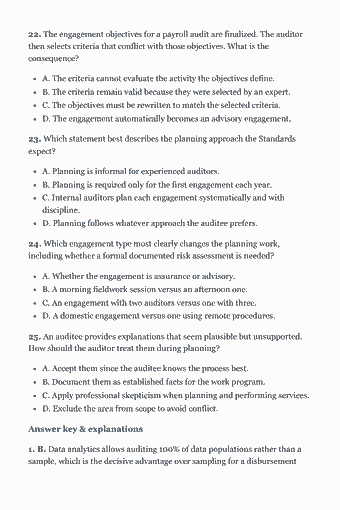Page 19 of the CIA Part 2 Study Guide — 2026 Edition PDF — Chapter 1 — Engagement Planning: 22. The engagement objectives for a payroll audit are finalized. The auditor then selects criteria that conflict with those objectives. What is the…