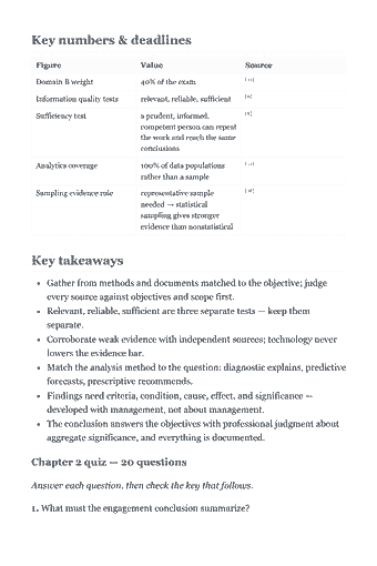 Page 30 of the CIA Part 2 Study Guide — 2026 Edition PDF — Chapter 2 — Information Gathering, Analysis, and Evaluation: Key numbers & deadlines Figure Value Source [12] Domain B weight 40% of the exam [6] Information quality tests relevant, reliable, sufficient [6] Sufficiency…