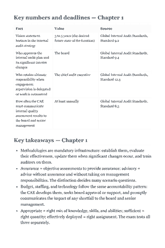 Page 15 of the CIA Part 3 Study Guide — 2026 Edition PDF — Chapter 1 — Internal Audit Operations (Section A · 25%): Key numbers and deadlines — Chapter 1 Fact Value Source Vision statement 3 to 5 years (the desired Global Internal Audit Standards, horizon in the internal…