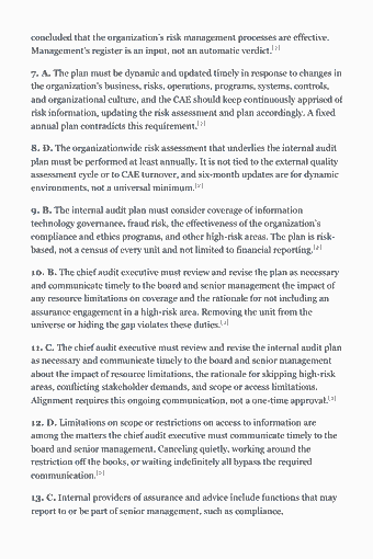 Page 36 of the CIA Part 3 Study Guide — 2026 Edition PDF — Chapter 2 — The Internal Audit Plan (Section B · 15%): concluded that the organization’s risk management processes are effective. Management’s register is an input, not an automatic verdict.[2] 7. A. The plan must…