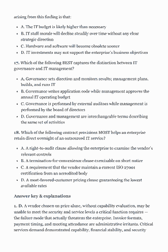 Page 48 of the CISA Study Guide — 2026 Edition PDF — Chapter 3 — Governance and management of IT: arising from this finding is that: A. The IT budget is likely higher than necessary B. IT staff morale will decline steadily over time without any clear…