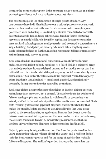 Page 87 of the CISA Study Guide — 2026 Edition PDF — Chapter 6 — Business resilience: because the cheapest disruption is the one users never notice. An IS auditor evaluating resilience looks at architecture, not just plans. The core technique is…