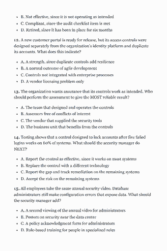 Page 93 of the CISM Study Guide — 2026 Edition PDF — Section 3 — Information Security Program (50 questions): B. Not effective, since it is not operating as intended C. Compliant, since the audit checklist item is met D. Retired, since it has been in place for six…