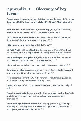 Page 146 of the CISSP Study Guide — 2026 Edition PDF — Appendix B — Glossary of key terms: Appendix B — Glossary of key terms Access control model: the rules deciding who may do what — DAC (owner discretion), MAC (system-enforced labels), RBAC…