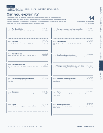 Page 10 of the U.S. Citizenship Civics Test — Cram Sheet (2026) PDF: RECALL NUMBERS C O N C E P T S E L F - T E S T · S H E E T 1 O F 2 · A M E R I C A N G O V E R N M E N T, A M E R I C A N H I S T O RY Can you explain it?…