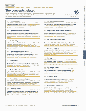 Page 11 of the U.S. Citizenship Civics Test — Cram Sheet (2026) PDF: REFERENCE NUMBERS C O N C E P T S E L F - T E S T · S H E E T 2 O F 2 · A M E R I C A N H I S T O R Y, H O L I D AY S The concepts, stated The other side of…